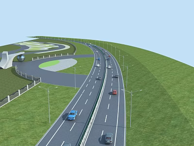 Municipal Road Design With Multiple Lanes Street Lamps Green Grass Roundabout And Vehicles 3d model