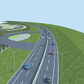 Municipal Road Design With Multiple Lanes Street Lamps Green Grass Roundabout And Vehicles