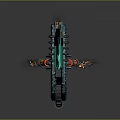 Futuristic Chainsaw With Glowing Green Crystal Blade Red Black Handle Intricate Patterns And Dark Reflection