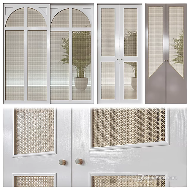 White Woven Door Panels With Glass Inserts And Plant Decor Elements 3d model