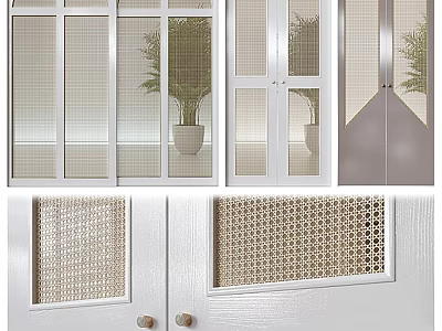 White Woven Door Panels With Glass Inserts And Plant Decor Elements 3d model