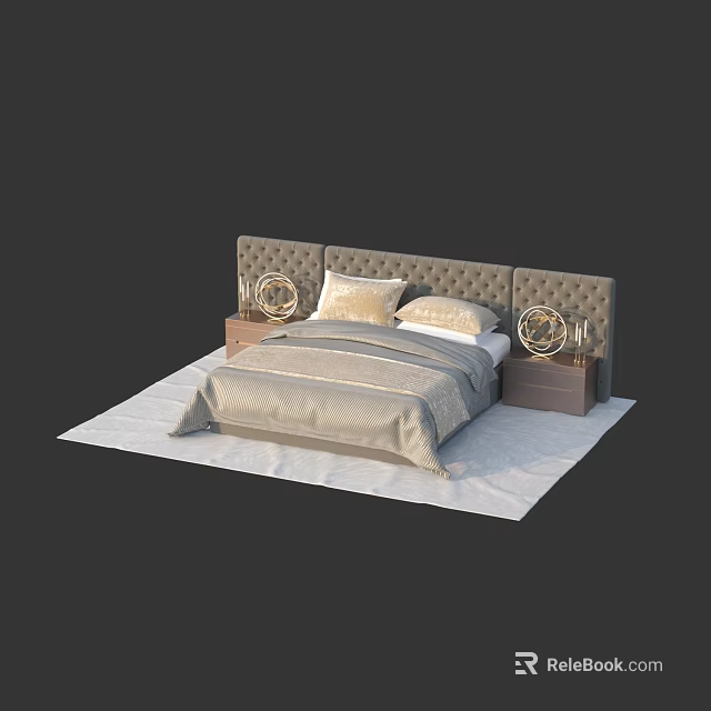 Elegant Double Bed With Upholstered Headboard Nightstands And Decorative Lamps On Rug 3d model 
