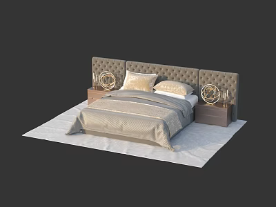 Elegant Double Bed With Upholstered Headboard Nightstands And Decorative Lamps On Rug 3d model