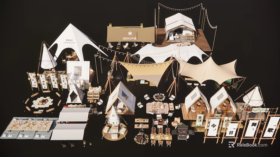 Market Entrance Gate With White Tent Canopies And Decorative String Lights 3d model 