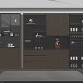 Elegant Modern Kitchen Storage With Dark Cabinets Shelves Cups And Decorative Bottles