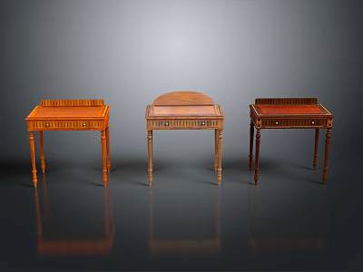 Three Wooden Side Tables With Various Designs Drawers And Slender Legs On Dark Background 3d model
