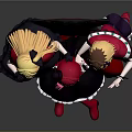 Three Anime Game Characters In Red And Black Outfits Sitting On Ornate Red Chair