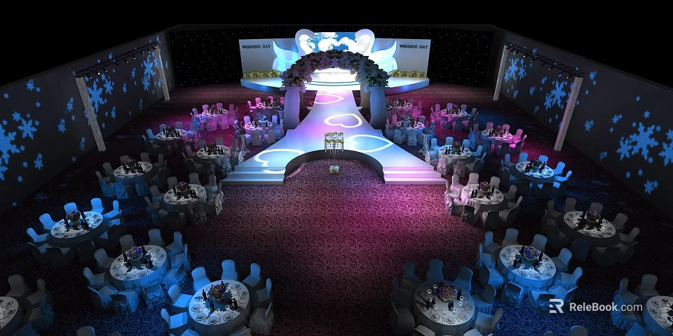 Elegant Banquet Hall Setup With Staged Platform Floral Decorations And Ambient Lighting 3d model 