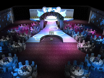 Elegant Banquet Hall Setup With Staged Platform Floral Decorations And Ambient Lighting 3d model