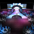 Elegant Banquet Hall Setup With Staged Platform Floral Decorations And Ambient Lighting