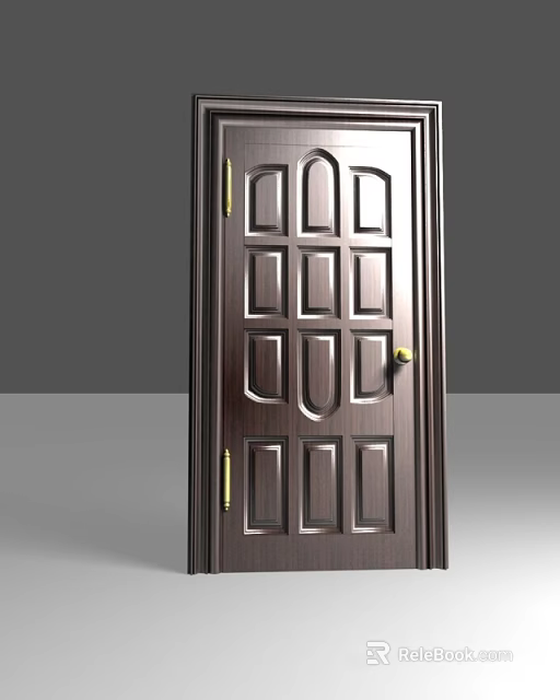 Dark Wood Swing Door With Decorative Panels And Golden Handle Hinges 3d model 