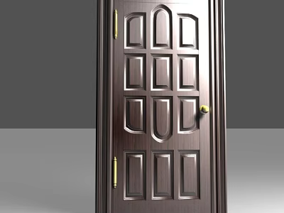 Dark Wood Swing Door With Decorative Panels And Golden Handle Hinges 3d model