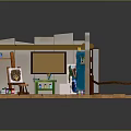 Art Studio Room Setup With Easel Green Table Red Rug And Blue Cabinet