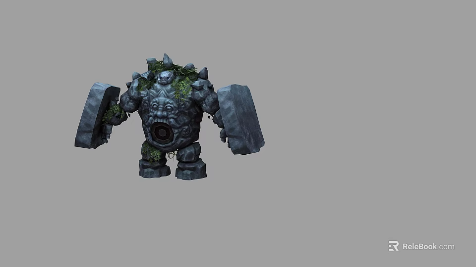 Stone Golem Game Movie Character With Moss Covered Body Stone Face And Shield 3d model 