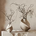 Light Colored Vases With Unique Curved Design Holding Twigs On Minimalist Pedestal 3d model
