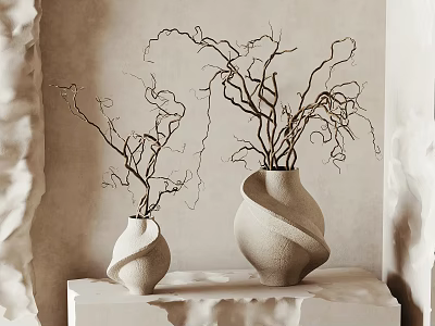 Light Colored Vases With Unique Curved Design Holding Twigs On Minimalist Pedestal 3d model