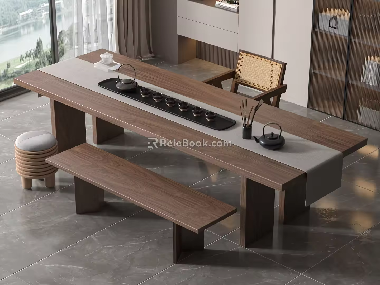 Solid Wood Tea Table and Chair Combination Rock Board Tea Table Low Stool 3d model