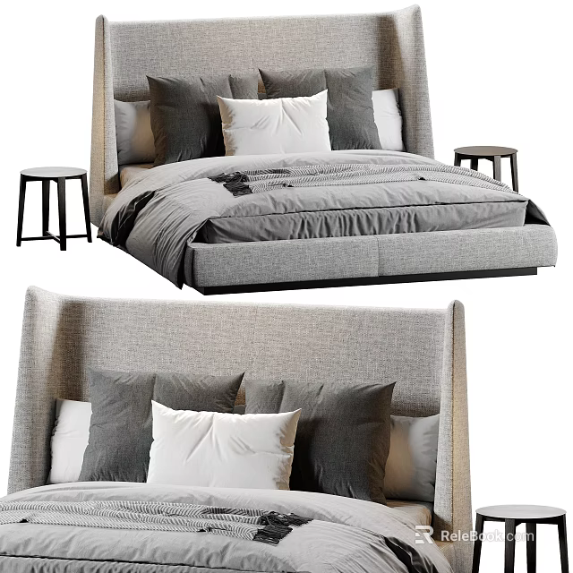Modern Double Bed With Gray Upholstered Headboard White Gray Pillows And Side Stools 3d model