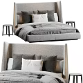 Modern Double Bed With Gray Upholstered Headboard White Gray Pillows And Side Stools 3d model