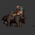 Fantasy Armored Warrior Character With Glowing Weapons And Bear Companion