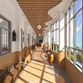 Warm Elevator Hallway with Wooden Ceiling Large Windows Sunlight Light Shadows Bookshelves and Blackboard
