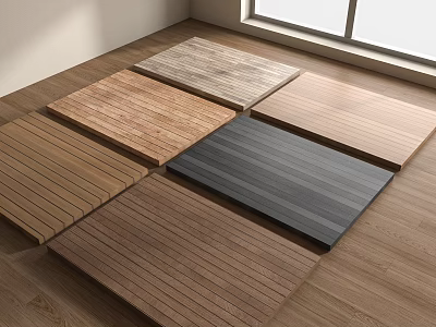 Various Wood Flooring Samples With Diverse Colors And Wood Grains Displayed In Modern Room 3d model