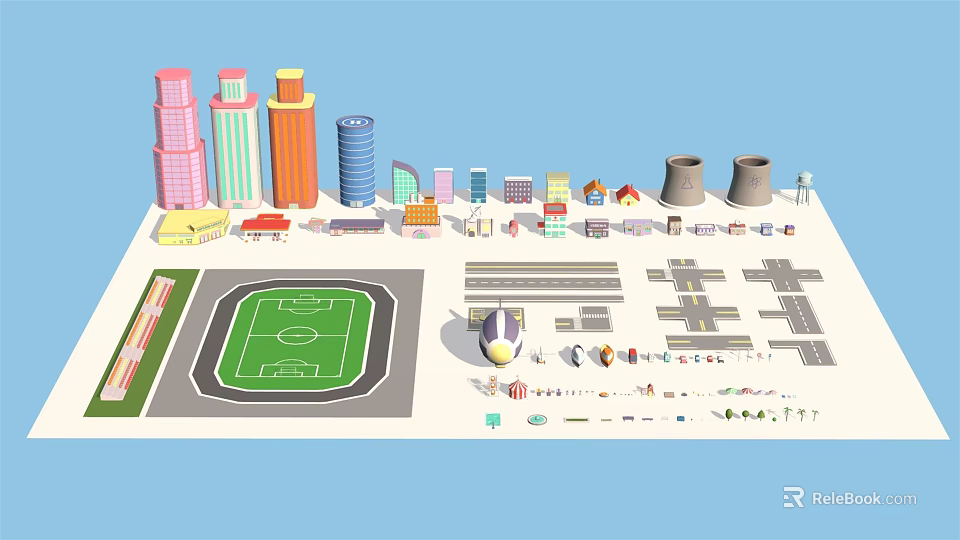 Cartoon City Scene With Tall Colorful Buildings Various Shaped Houses Football Field And Towers 3d model 