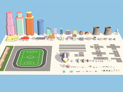Cartoon City Scene With Tall Colorful Buildings Various Shaped Houses Football Field And Towers 3d model