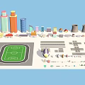 Cartoon City Scene With Tall Colorful Buildings Various Shaped Houses Football Field And Towers