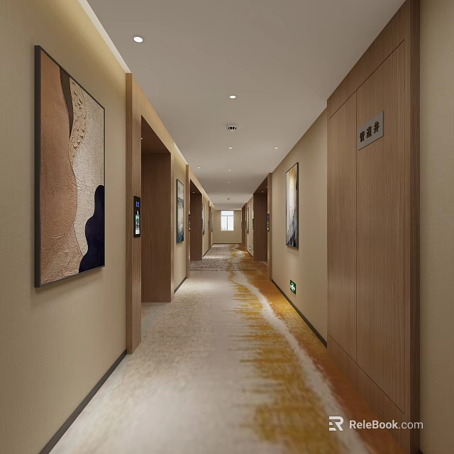 Hotel Corridor Interior With Wooden Walls Decorative Paintings And Patterned Carpet 3d model 