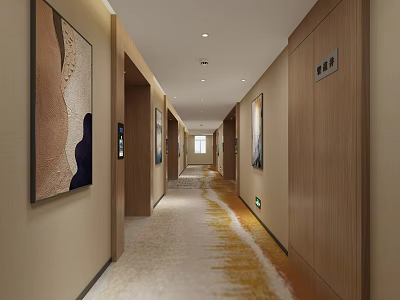 Hotel Corridor Interior With Wooden Walls Decorative Paintings And Patterned Carpet 3d model
