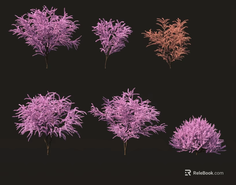 Colorful Decorative Shrubs In Various Forms With Purple Pinkish And Light Brown Hues 3d model 