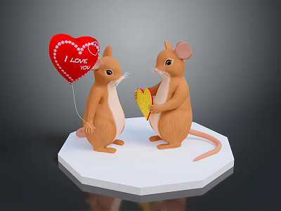 Cute Mice Figurine Holding Red Heart Balloon And Yellow Heart On White Hexagon Base 3d model