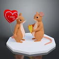 Cute Mice Figurine Holding Red Heart Balloon And Yellow Heart On White Hexagon Base