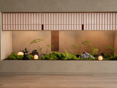 Japanese Style Courtyard Garden with Moss Ferns Stone Lanterns Wooden Floor and Lattice Screen 3d model