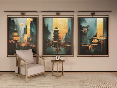 Three Landscape Paintings With Pagodas Mountain Scenery Hanging On Wall Golden Sunset Backdrop 3d model