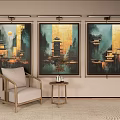Three Landscape Paintings With Pagodas Mountain Scenery Hanging On Wall Golden Sunset Backdrop