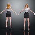 Red-haired Female Characters Front and Back Views White Tops Black Skirts Black Heels Dark Background