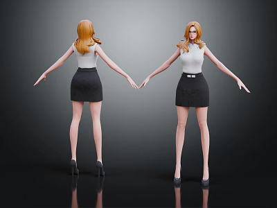 Red-haired Female Characters Front and Back Views White Tops Black Skirts Black Heels Dark Background 3d model