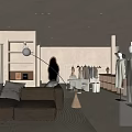 Modern Clothing Store Interior With Brown Sofa Rug Floor Lamp Mannequins And Hanging Clothes