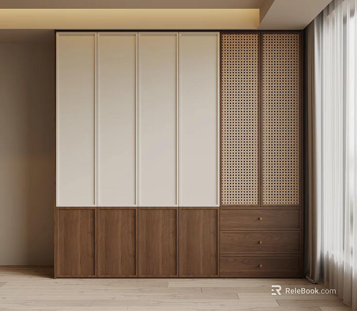 Modern Wardrobe With White Panels Wooden Base And Lattice Design Drawers 3d model 