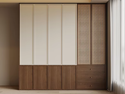 Modern Wardrobe With White Panels Wooden Base And Lattice Design Drawers 3d model