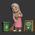 Cartoon Cleaning Scene With Headscarf Figure Broom Green Trash Bin Leaves And Fresh Sebagian Signboard