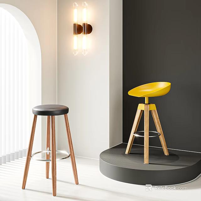 Modern Yellow and Black Bar Stools with Wooden Legs in Minimalist Interior 3d model 
