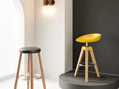 Modern Yellow and Black Bar Stools with Wooden Legs in Minimalist Interior 3d model