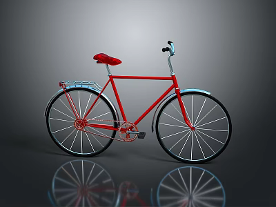Stylish Red Bicycle With Red Seat Black Wheels Handlebars And Reflective Surface 3d model