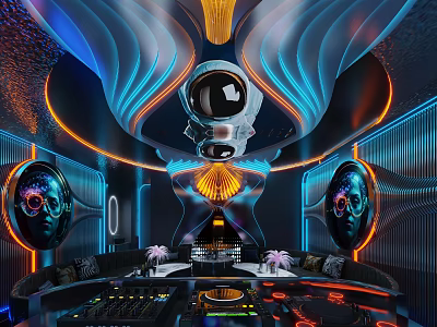Cyberpunk Style KTV Interior With Neon Lights And DJ Equipment 3d model