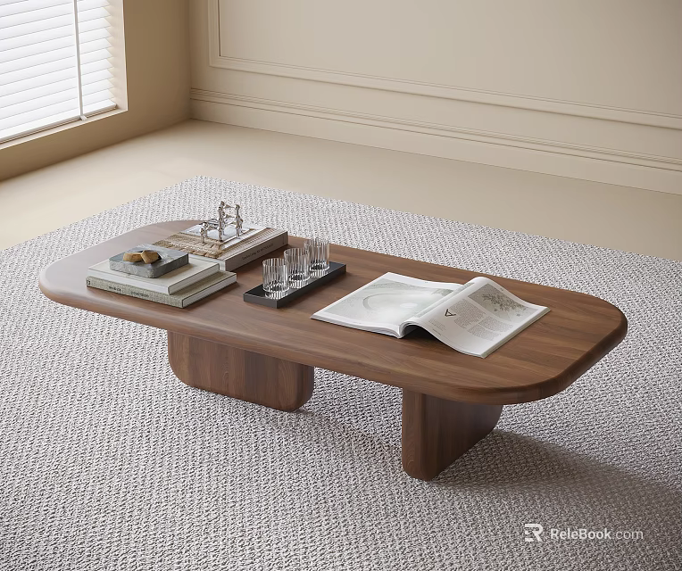 Modern Walnut Coffee Table With Curved Design Books Tray Glass Cups And Open Magazine 3d model 