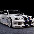 White BMW Sporty Modified Car With Black Stripes Large Wheels And Rear Spoiler