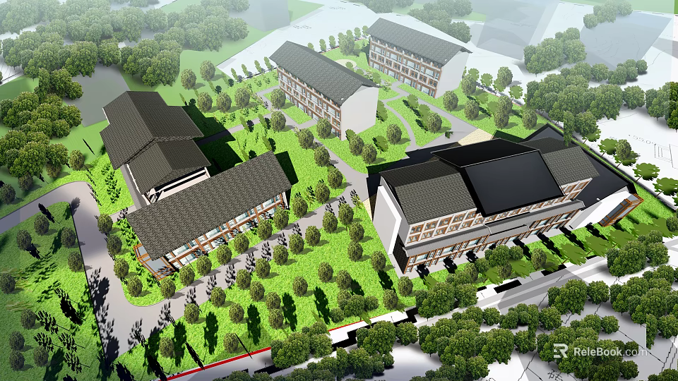 Mixed Style Building Complex With Traditional Modern Architecture Green Landscaping And Trees 3d model 